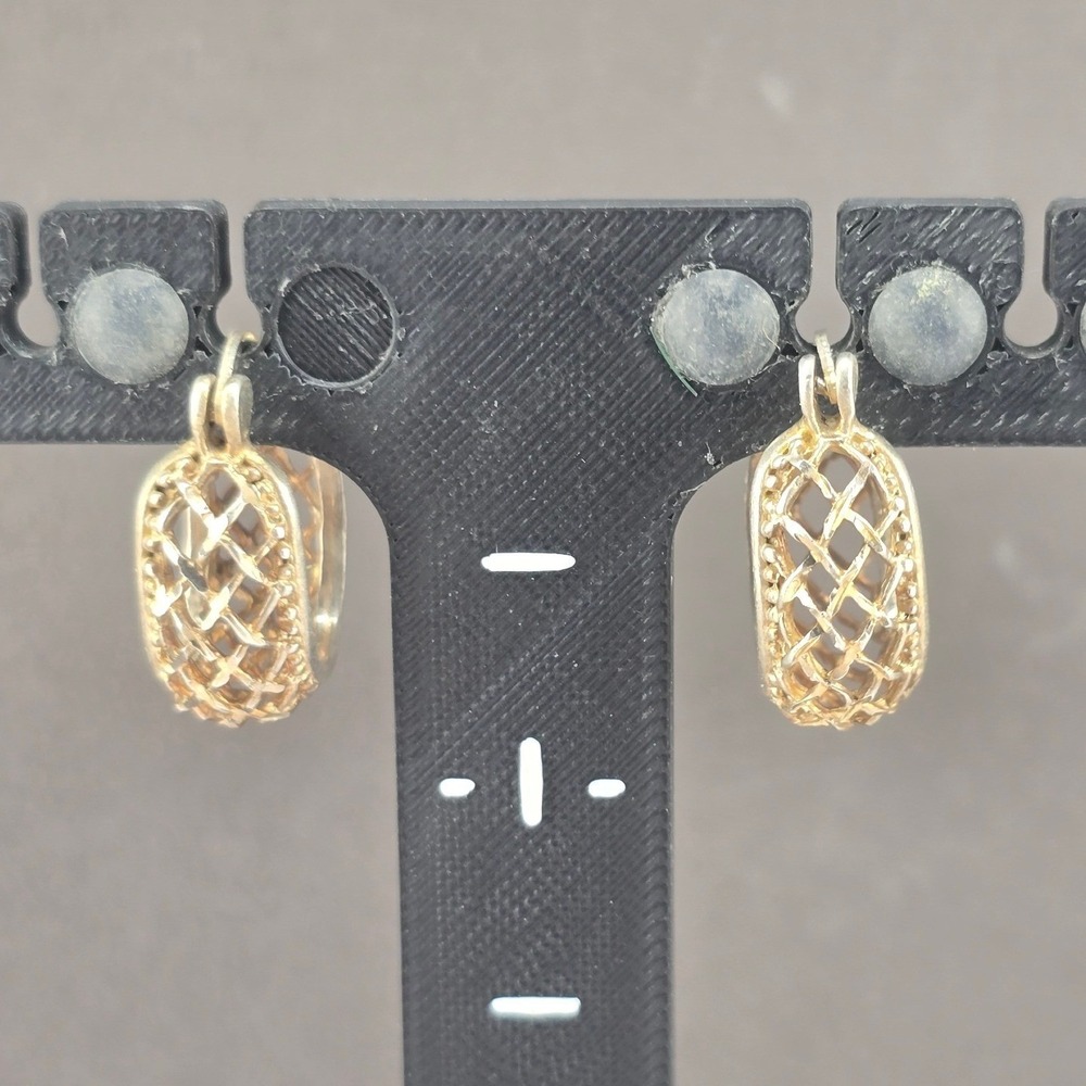 Vintage Estate Hoop Earrings Gold Tone Sterling Silver Lattice Openwork 0.75in